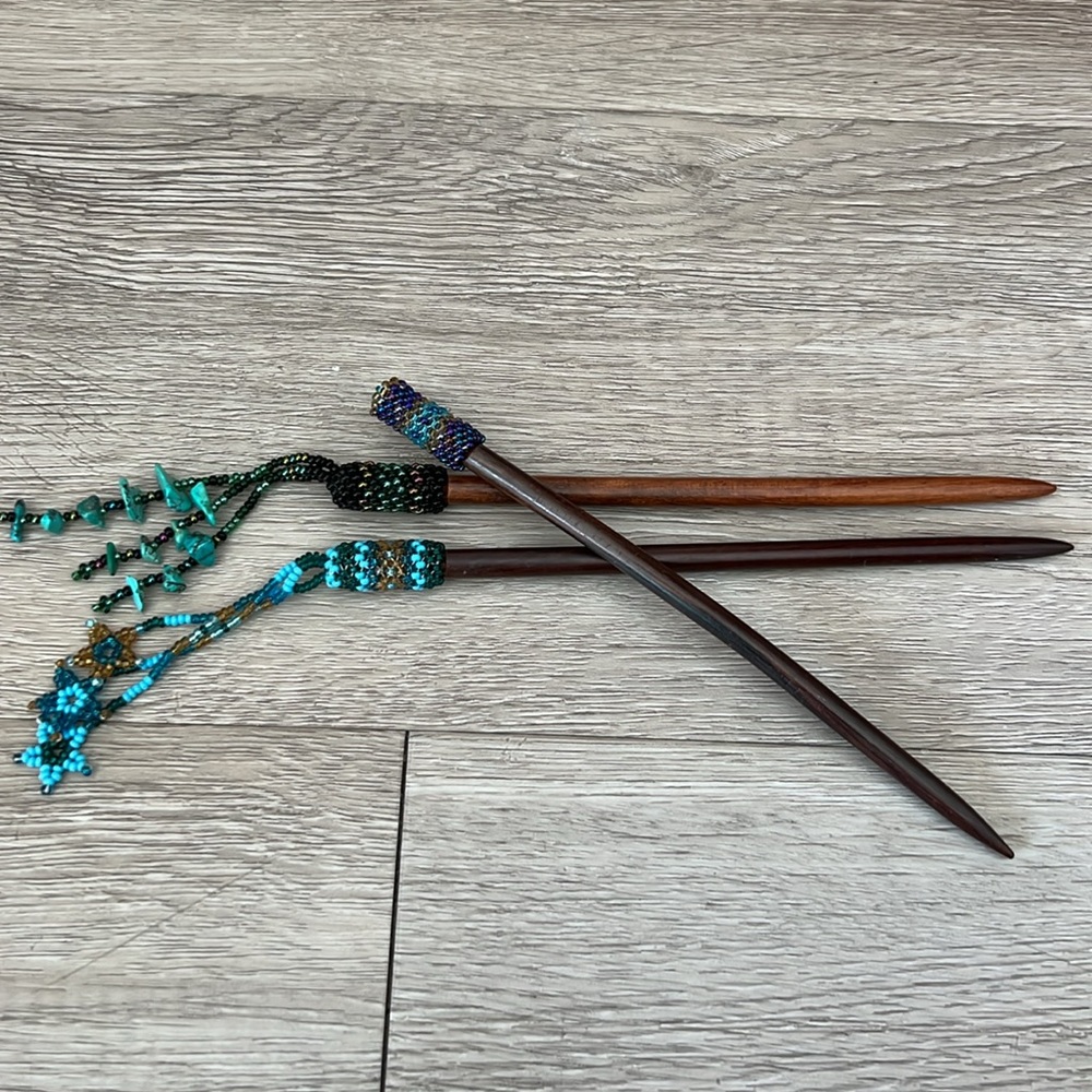 3 Japanese-style Hair Sticks - Wood sticks with Beading and Turquoise Tassels - Picture 6 of 7